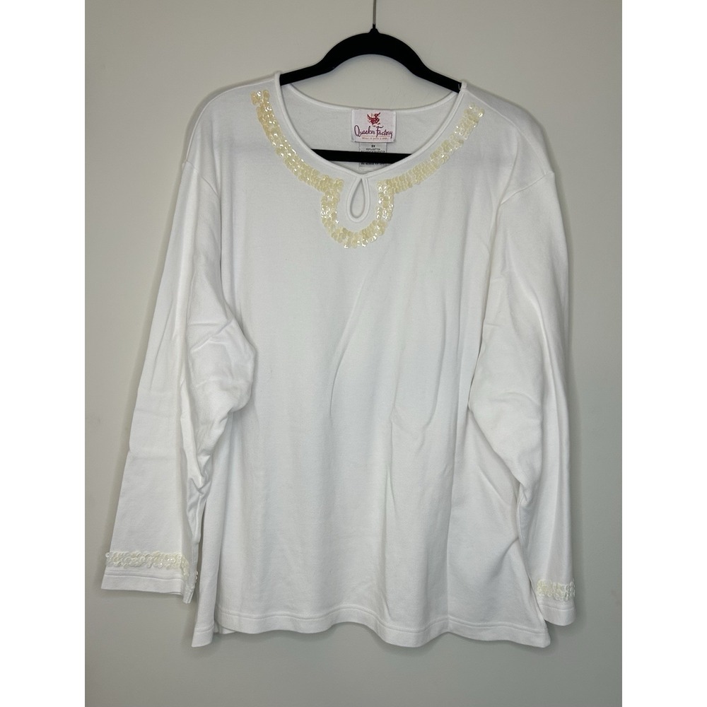 QUACKER FACTORY White Sequin Top Tee Shirt Cotton Long Sleeve Solid Women's 3X